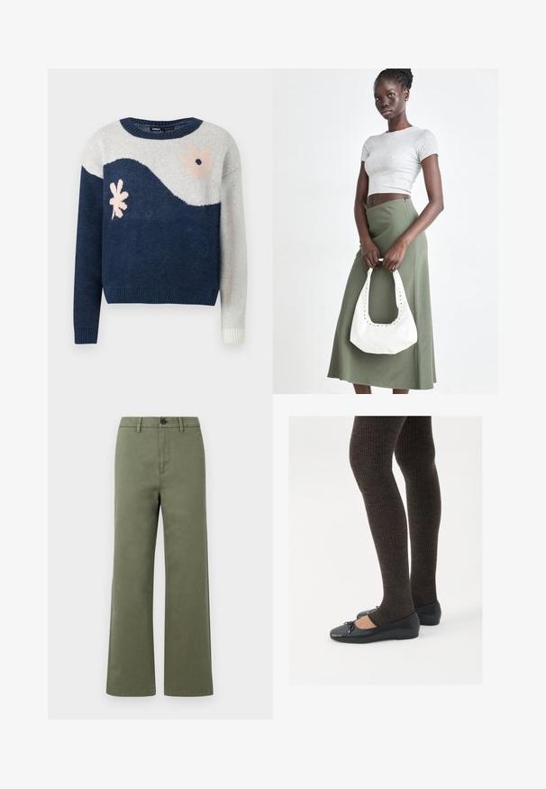 Navy and light gray knitted sweater with wave pattern, floral design in pink and black, round neck, ribbed cuffs and hem.; Olive green straight-leg trousers with belt loops, button closure, and front zipper on plain white background.; Black flat shoes with a small bow detail at the toe, paired with dark brown ribbed tights. Shoes have a smooth texture and low profile.; Gray ribbed crop top and olive green high-waisted skirt. Model holds a white shoulder bag with cut-out detailing. Simple design, fitted silhouette.