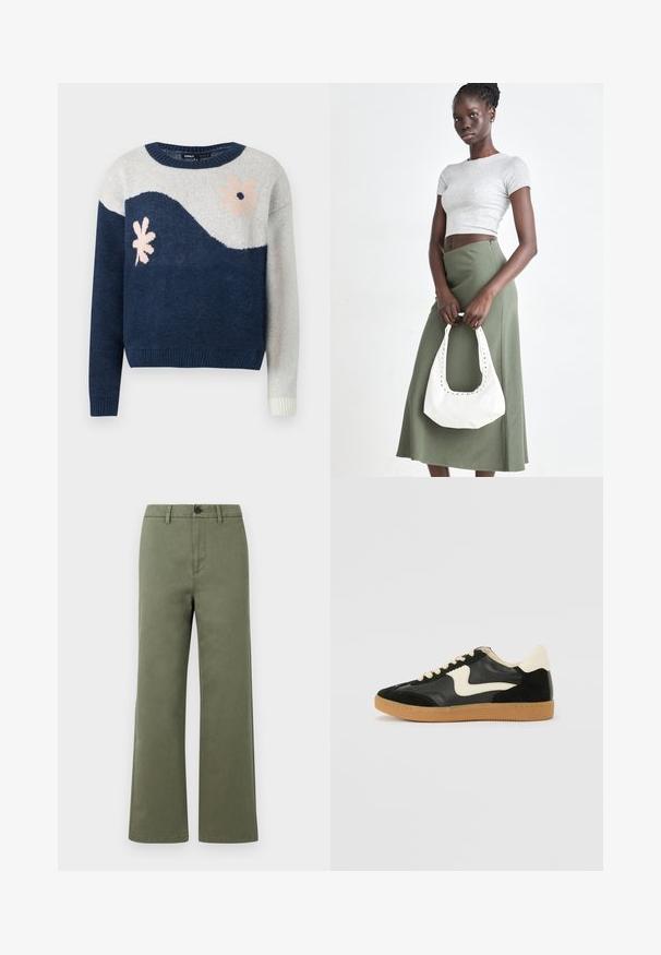 Pull en tricot bleu marine et gris clair avec motif en vagues, design floral en rose et noir, col rond, poignets et ourlet côtelés.; Pantalons droits vert olive avec passants de ceinture, fermeture à bouton et fermeture éclair à l'avant sur fond blanc uni.; Baskets en daim et cuir noir avec un swoosh latéral crème et un talon crème clair. Dotées de lacets beige et d'une semelle en caoutchouc gomme.; Top court rayé gris et jupe taille haute verte olive. Le mannequin tient un sac à bandoulière blanc avec des découpes. Design simple, silhouette ajustée.