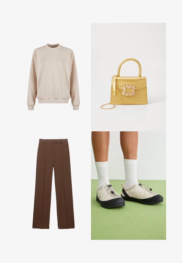 Beige huppari, pyöreä pääntie, pitkät hihat, hieman pudotetut olkapäät, kuvioitu kangas, jossa on hillitty brodeerattu logo rinnassa.; Ruskeat, leveät housut, jotka on valmistettu sileästä kankaasta; sisältää vuoratut etupuoliset muotit ja litteän vyötärönauhan, jossa on vyölenkit.; Beige kengät mustilla yksityiskohdilla, verkkomaiset sivupaneelit ja turvallinen nauhaveto. Paksut kumipohjat, joissa on kuvioitu pinta. Yhdistetty valkoisten sukkien kanssa.; Keltainen keinonahkainen krokotiililaukku, jossa on jämäkkä muotoilu, yläkahva, irrotettava ketjusanka ja koristeellinen kristallikoristelu lukossa.