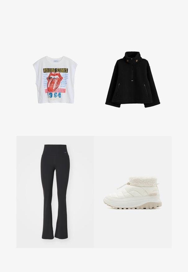 Schwarzer Fleece-Pullover mit hohem Kragen, durchgehendem Reißverschluss und zwei seitlichen Reißverschlusstaschen; mit runden Knöpfen am Kragen.; Weißes, kurzes T-Shirt mit Rolling Stones Grafik, das rote Lippen, Stadtnamen und "1994" in Blau zeigt, mit entspannter Passform und kurzen Ärmeln.; Schwarze Yogahosen mit hohem Bund, aus dehnbarem Material. Besitzt ein ausgestelltes Design und ein kleines Nike-Logo am Bund.; Weiße, gepolsterte Stiefel bis zur Mitte des Unterschenkels mit einem Kragen aus Kunstfell, elastischem Schnürverschluss und einer dicken Gummisohle mit tiefen Profil für besseren Halt.