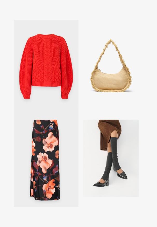 Punainen jerseyneule, jossa on tekstuuripintoja, pyöreä kaula-aukko ja ribbaushelma. Suunniteltu pitkillä, hieman puffatulla hihoilla.; Kukallinen midi-hame, jossa on musta tausta ja suuria oransseja ja sinisiä akvarellikukkia; sileä kangas, jossa on hieman kiiltoa.; Musta lakattu nahkakengät teräväkärkisillä, leveällä kantapäällä ja nilkkahihnalla, yhdistettynä harmaisiin ribattuihin säärystimiin ja ruskeaan mokkasiinimekkoon.; Beige laukku, jossa on pyöreä muoto, repsottavat reunat ja lyhyt kantokahva. Vetoketjullinen avaus ylhäällä.