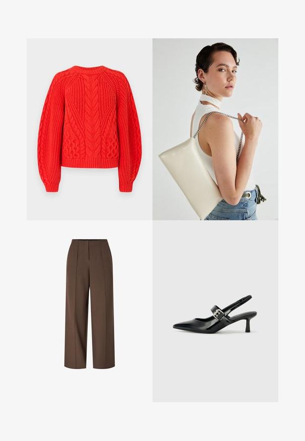 Raudonas megztinis su kabeliniu raštu, turintis tekstūrinius raštus, apvalią apykaklę ir gūbriuoti kraštai. Sukurtas su ilgomis, šiek tiek pūstomis rankovėmis.; Rudos aukšto juosmens plačios kojų kelnes su priekine raukšle ir paslėptu priekiniu užtrauktuku.; Juodai lakuoti slingback aukštakulniai su smailiu kojų pirštu ir mažais blokiniais kulniukais, su sidabro sagtimi ant dirželio.; Balta, stačiakampio formos rankinė pagaminta iš blizgaus medžiagos, su sidabriniu virvute. Modelis pozavo, demonstruodamas rankinę prieš paprastą foną.