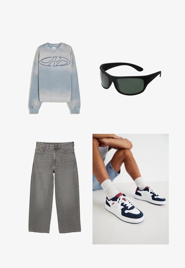 Light blue faded sweatshirt with ribbed cuffs and hem, featuring a large stylized "NY" logo embroidered on the chest.; Grey denim wide-leg jeans with front button and zipper closure, belt loops, and five-pocket design.; Navy blue and white sneakers made of suede and mesh, featuring a red accent on the heel and white laces, with a textured sole.; Black wraparound sunglasses with dark green lenses. Matte finish, curved design, with straight arms and subtle branding on the side.