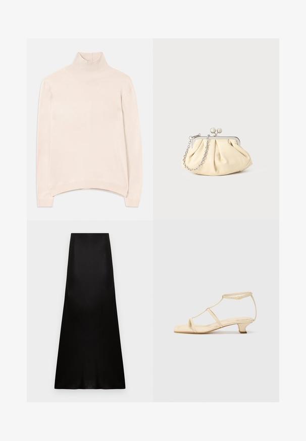 Light pink long-sleeve turtleneck sweater with a ribbed collar and hem, featuring a relaxed fit and soft, smooth texture.; Long black satin skirt with a high waist and slightly flared hem on a white background.; Beige heeled sandals with a T-strap design, square toe, adjustable ankle strap, and a low, block heel. Smooth leather material.; Pleated beige leather clutch with a silver metal frame, featuring two round decorative clasps and a silver chain strap.