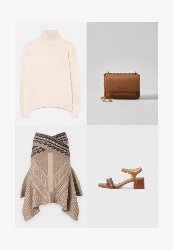 Light pink long-sleeve turtleneck sweater with a ribbed collar and hem, featuring a relaxed fit and soft, smooth texture.; Beige knit poncho featuring a ribbed texture, geometric design, and a contrast patterned border in dark blue. Draped, asymmetrical hem.; Tan heeled sandal with a square toe, two dark brown straps, and a gold buckle. Features a stacked block heel and smooth leather texture.; Brown textured leather crossbody bag with gold chain strap and flap closure. Front features logo detail and a pocket under the flap.