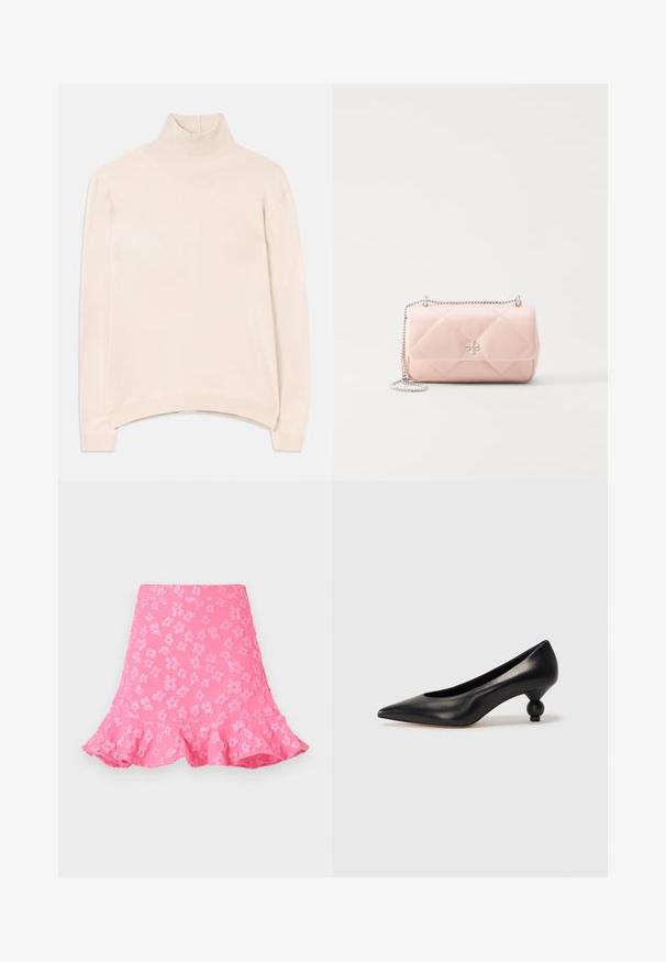 Svetloružový dlhý rukáv turtleneck sveter s rebrovaným golierom a lemom, s voľným strihom a jemnou, hladkou textúrou.; Ružová rozšírená sukňa s embosovanými kvetinovými vzormi, volánkovým lemom a hladkým povrchom. Dĺžka nad kolená s priliehavým pásom.; Čierna kožená vysoká topánka na podpätku s ostrým špičkou a okrúhlym, guľatým podpätkom. Hladký povrch s moderným, minimalistickým dizajnom.; Prešívaná ružová kožená taška so strieborným reťazovým ramienkom, s akcentom loga, zaobleným tvarom a hladkým povrchom. Vhodná na rôzne príležitosti.