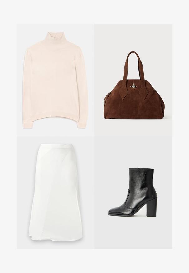 Világos rózsaszín, hosszú ujjú garbós pulóver ribbelt gallérral és szegéllyel, laza szabással és puha, sima tapintással.; Fehér A-vonalú szoknya finom varrási részletekkel és sima textúrával, egy sima világosszürke háttéren bemutatva.; Fekete bőr bokacipő sima textúrával, hegyes orral és vastag, magas sarkával. Oldalnyílással és minimalista dizájnnal rendelkezik.; Barna velúr kézi táska, strukturált formával, kerek testtel és megnyújtott gyémánt alakú fogantyúkkal. Ezüst színű záródással rendelkezik.