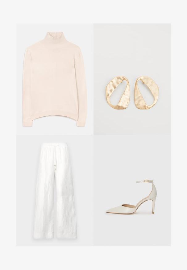 Világos rózsaszín, hosszú ujjú garbós pulóver ribbelt gallérral és szegéllyel, laza szabással és puha, sima tapintással.; Fehér vászon, széles lábmegoldású nadrág, rugalmas derékkal és zsinórral. Simább textúrával és laza fazonnal rendelkezik. Nincsenek látható zsebek.; Fehér bőr, magassarkú cipő hegyes orral, bokapánttal és vékony tűs sarkal. Simaszövet, finom fényes felülettel.; Egy pár szabálytalan, ovális formájú, aranyszínű fém fülbevaló, enyhén kalapált felülettel, fehér háttéren.