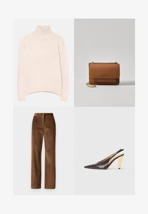 Lys rosa langermet genser med høy hals, med ribbestrikket krage og kant, som har en avslappet passform og myk, glatt tekstur.; WEEKEND MaxMara TANIA - Bukse - nocciola; Spenne-punktet hæl i mørkebrun, blank faux krokodillelær. Har en gullfarge geometrisk hæl og justerbar ankelstropp.; Brun teksturert lær crossover-veske med gullkjede-stropp og klaffelukking. Fronten har logo-detalj og en lomme under klaffen.
