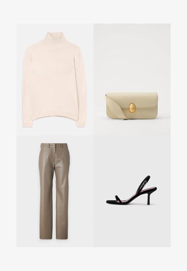 Light pink long-sleeve turtleneck sweater with a ribbed collar and hem, featuring a relaxed fit and soft, smooth texture.; Brown leather pants with a straight fit, featuring a mid-rise waistband and subtle seam detailing. Smooth texture with a polished finish.; Black suede women's high-heeled sandal with slim straps and a gold buckle on a white background, side view.; Beige leather handbag with a smooth texture, rectangular shape, and a golden oval clasp. Features a long, adjustable strap.
