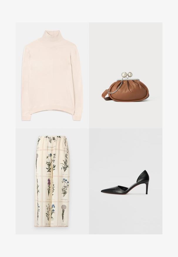 Light pink long-sleeve turtleneck sweater with a ribbed collar and hem, featuring a relaxed fit and soft, smooth texture.; Floral print skirt featuring a beige background, elastic waistband, and illustrations of various flowers in green, purple, and blue hues.; Black leather high-heeled pumps with a pointed toe, open sides, and a sleek silhouette. Features a thin heel and red sole accent.; Brown leather clutch purse with silver ball clasp and a small silver chain detail on a white background.
