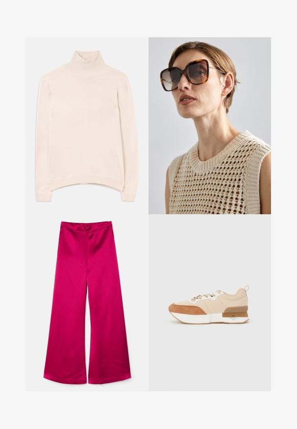 Pull à col roulé à manches longues rose clair avec un col et un ourlet côtelés, offrant une coupe décontractée et une texture douce et lisse.; By Malene Birger LUCEE - Pantalon classique - wild berries; Baskets avec une tige en tissu beige agrémentée d'accents en daim tan, une semelle intermédiaire blanche et une semelle en caoutchouc avec un détail de marque.; CHLOÉ Lunettes de soleil - brown; Pochette en cuir marron avec fermoir en doré et une courte anse en chaîne dorée, présentant une texture douce et froncée sur un fond blanc.
