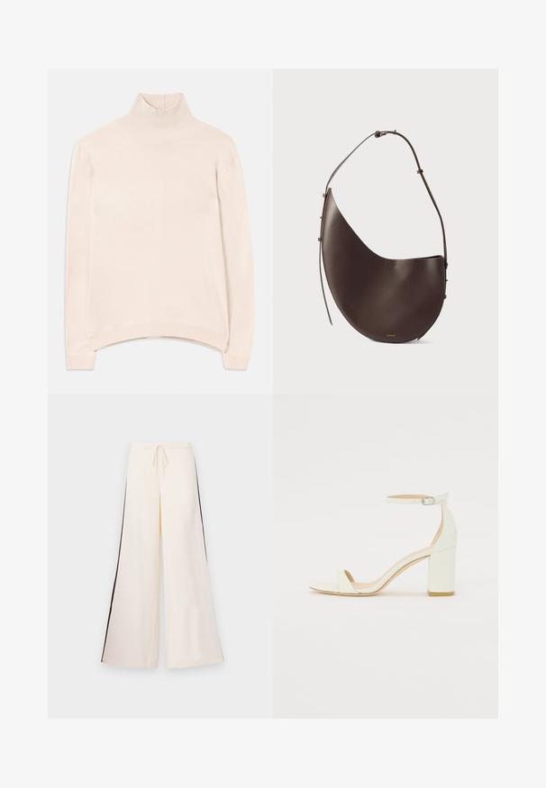 Suéter de tortuga de manga larga rosa claro con cuello y dobladillo acanalados, que presenta un corte relajado y una textura suave y lisa.; Pantalones anchos de color crema, fabricados en una tela suave, con cintura con cordón y franjas laterales oscuras en contraste. Diseño de frente plano, sin bolsillos.; Sandalía de tacón bloque blanca de piel, con una correa en el tobillo que presenta una hebilla y un diseño minimalista. Punta abierta y texturas suaves en toda la superficie.; Bolso de cuero marrón con forma curva, correa única y diseño minimalista. Presenta un logotipo sutil y acentos en dorado.