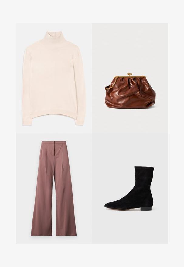 Světle růžový svetr s dlouhým rukávem a rolákem, s žebrovaným límcem a lemem, s volnějším střihem a měkkou, hladkou texturou.; Kalhoty s širokými nohavicemi v jemné růžové barvě, vyrobené z hladké látky s předními sklady a jednou boční kapsou. Jednoduchý, elegantní design.; Černá nubuková kotníková bota s úzkým svrškem, špičatou špičkou a nízkým blokovým podpatkem. Hladká textura a minimalistický design, vhodné pro všestranné styling.; Hnědá kožená psaníčko s pozlaceným zapínáním a krátkým pozlaceným řetízkem, s jemně nařasenou texturou na bílém pozadí.