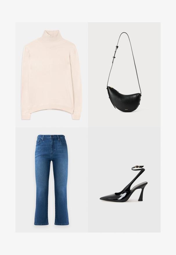Sveternik dolgega rokava v svetlo roza barvi s polo ovratnikom in ribastim robom, ki ima sproščen kroj in mehak, gladek material.; Temno modri flared traper hlače z visokim pasom, dizajnom s petimi žepi in vidnimi šivi. Gladka tekstura, rahlo zbledela na določenih mestih.; Črne patentne usnjene slingback visoke pete s koničastim nosom, nastavljivim gležnjastim trakom in zmerno blokasto peto. Gladka tekstura z bleščečim zaključkom.; Črna usnjena torbica s ukrivljeno obliko in enim nastavljivim trakom. Ima zadrgo za zapiranje in minimalno zlatno okovje.