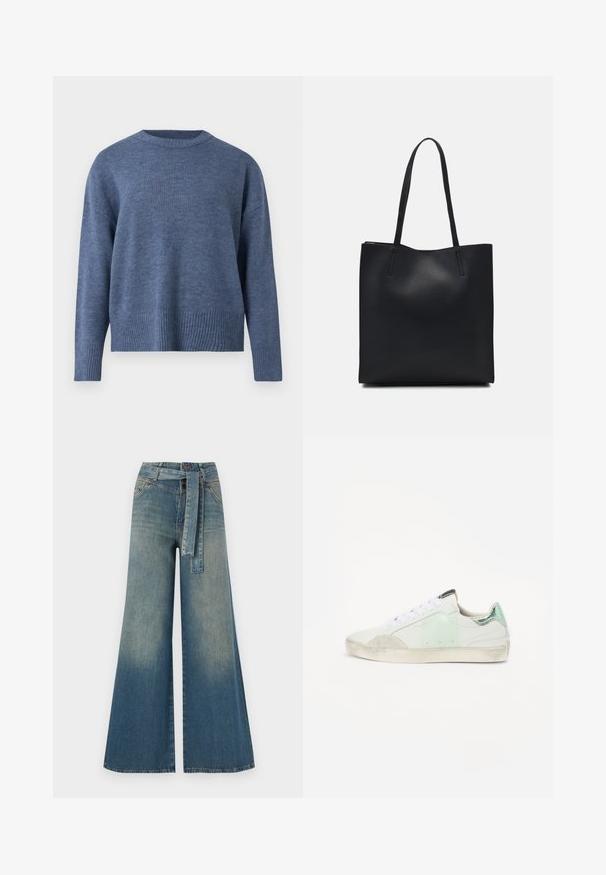 Modrá pletená sveter s rebrovaným výstrihom a lemom. Má dlhé rukávy a voľný strih, vyrobený z mäkkej látky.; Džínsy s širokými nohavicami, ktoré majú prechod od svetlomodrej po tmavomodrú, vysoký pás, pútka na opasok a opasok z rovnakého materiálu. Textúrovaný denimový povrch.; Biele tenisky s mätozelenými a svetlosivými akcentmi, textúrovaná látka, gumová podošva a biele šnúrky. Trochu opotrebovaný vzhľad na špičke.; Čierna kožená taška na rameno s hladkým povrchom, obdĺžnikovým tvarom a dvoma dlhými uchami. Bez viditeľného kovania alebo ozdôb.