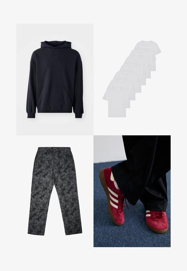 Sudadera con capucha negra, fabricada en un tejido suave, que presenta un bolsillo frontal, mangas largas, puños de canalé y un logo sutil en el pecho.; Camisetas de algodón blancas, de manga corta, con diseño de cuello redondo, textura lisa, apiladas en una fila, con un sutil logo en el cuello.; Pantalones camuflados negros hechos de un tejido ligero, con un diseño de pierna recta, dos bolsillos frontales y un cierre de botón en la cintura.; Zapatilla de ante roja con franjas blancas, diseño de cordones y suela de goma marrón texturizada. Combinada con pantalones negros, sobre una moqueta azul.
