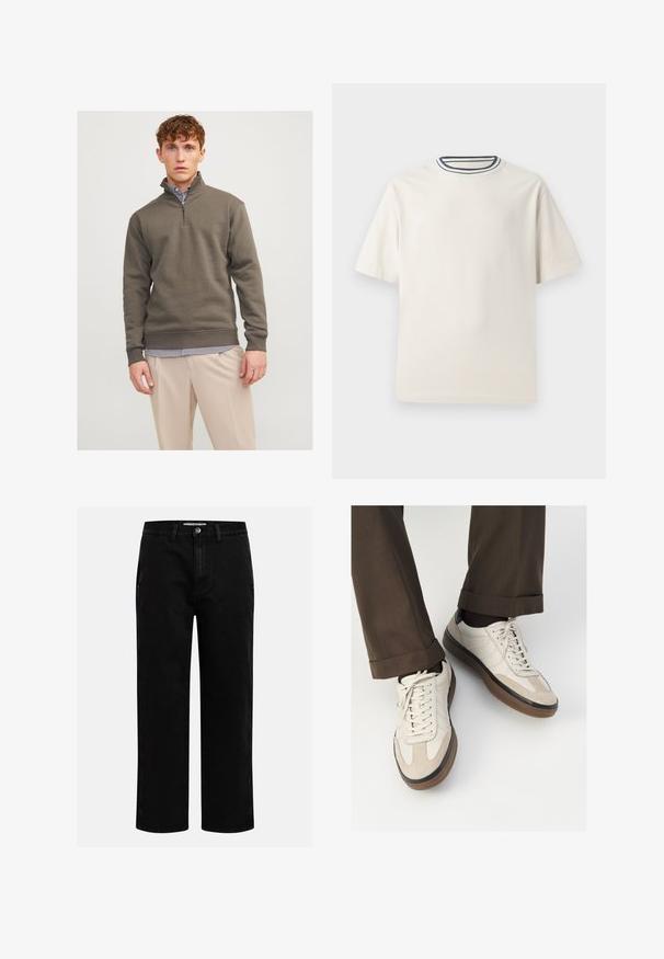 Donker groene quarter-zip sweatshirt van zacht materiaal, met lange mouwen en geribde manchetten, gecombineerd met een gestreept shirt en lichte broek.; Crème-kleurige katoenen t-shirt met korte mouwen, met een ronde halslijn die is accentueerd met marineblauwe en witte strepen. Soepele textuur, ontspannen pasvorm.; Zwarte denim broeken met een rechte pijp, klassieke vijf-pocket structuur en een knoopsluiting in de taille. Glad materiaal en duurzame stof.; Beige sneakers met een leren voorkant van textuur-suède, gladde leren zijkanten en een bruine rubberen zool. Veters en lichte stikseldetails inbegrepen.