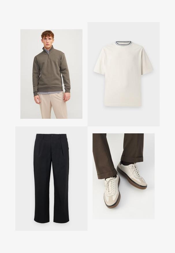 Dark green quarter-zip sweatshirt made of soft material, with long sleeves and ribbed cuffs, layered over a striped shirt and light trousers.; Cream-colored cotton t-shirt with short sleeves, featuring a round neckline accented by navy and white stripes. Smooth texture, relaxed fit.; Black trousers with a straight fit, featuring pleats at the front, a button closure, and smooth fabric texture.; Beige sneakers with a textured suede front, smooth leather sides, and a brown rubber sole. Laces and light stitching detail included.