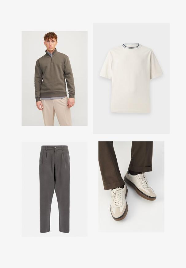 Un hanorac cu fermoar pe jumătate de culoare verde închis, confecționat dintr-un material moale, cu mâneci lungi și manșete cu nervuri, purtat peste o bluză rayată și pantaloni deschiși.; Tricou din bumbac de culoare crem, cu mâneci scurte, având un decolteu rotund accentuat cu dungi bleumarin și albe. Textură netedă, croi confortabil.; Pantaloni gri pliați dintr-un material neted, cu închidere cu nasture și picioare conice pentru o ajustare elegantă. Fără modele sau accente suplimentare.; Adidași bej cu un vârf din suede texturat, laterale din piele netedă și o talpă din cauciuc maro. Șireturile și detalii de cusătură subtilă incluse.