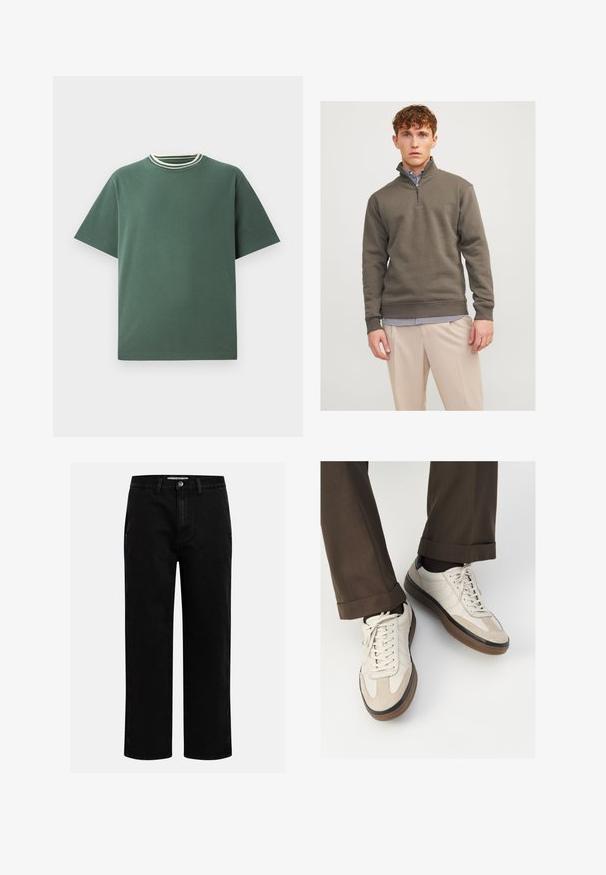 Σκούρο πράσινο φούτερ με φερμουάρ στο 1/4, φτιαγμένο από μαλακό υλικό, με μακριά μανίκια και ριμπ τελειώματα, φερόμενο πάνω από μια καρό μπλούζα και φωτεινές παντελόνες.; Πράσινο μπλουζάκι από βαμβάκι με κοντά μανίκια και ριγωτό λαιμόκοψο σε σχήμα crew, με λευκές και σκούρες πράσινες ρίγες. Ευθεία τελείωμα, μινιμαλιστικός σχεδιασμός.; Μαύρο τζιν παντελόνι με ίσια γραμμή, κλασικό σχέδιο πέντε τσεπών και κουμπί στη μέση. Λείος υφή και ανθεκτικό ύφασμα.; Μπεζ αθλητικά παπούτσια με υφή από σουέτ μπροστά, λεία δερμάτινα πλαϊνά και καουτσούκ καφέ σόλα. Περιλαμβάνονται κορδόνια και λεπτομέρειες ραφής σε ανοιχτό χρώμα.