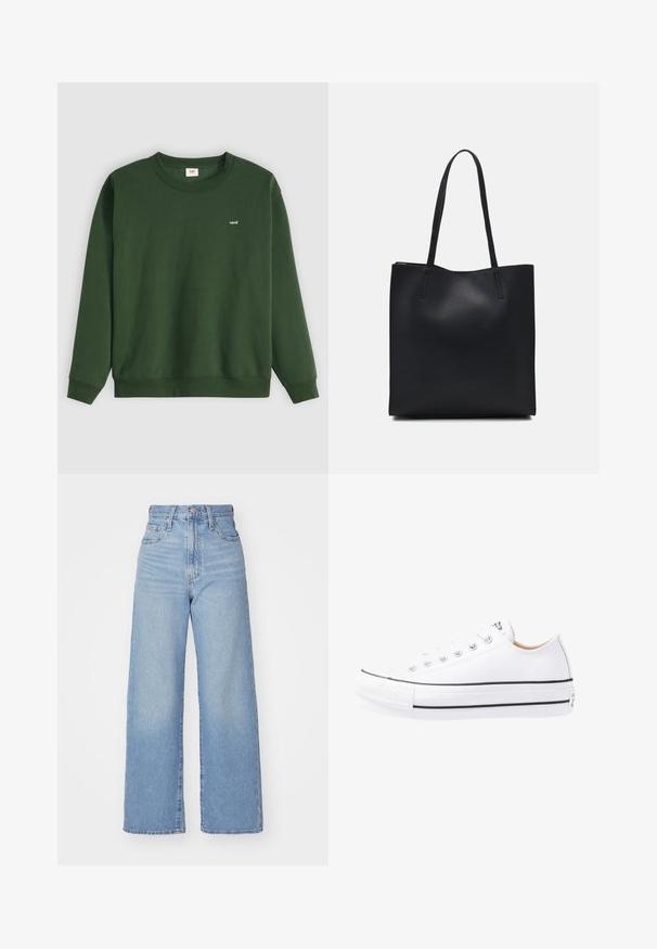 Sweatshirt verde de gola redonda feito de algodão macio. Apresenta um pequeno logótipo branco "Levi's" no lado esquerdo do peito. Punhos e bainha canelados.; Jeans de cintura alta e perna larga em azul claro, com fecho frontal de botão e zíper, bolsos frontais e traseiros, sobre um fundo branco.; Sapatilha de lona branca com um design de cano baixo, biqueira de borracha, risca preta ao longo da sola e ilhós de metal para os atacadores. Textura simples.; Bolsa tote preta em couro com textura lisa, forma retangular e duas alças longas. Sem hardware ou enfeites visíveis.
