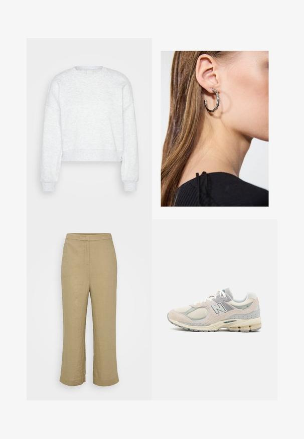 Svijetlosivi, dugosveđi skraćeni dukserica s rebrastim umetcima na rukavima i visokim okruglim izrezom, prikazan na jednostavnoj svijetloj pozadini.; Bež lanene hlače ravnog kroja s srednjim strukom, suptilnim šavovima i širokim skraćenim nogavicama. Glatka tekstura, bez vidljivih uzoraka.; Svijetlosivi i bež New Balance tenisice s semširnim i mrežastim materijalom, podstavljenim ovratnikom, debelim potplatom i reflektirajućim elementima. Dizajn sa vezicama.; Srebrna kružna naušnica s poliranim završetkom, koja ima male zlatne detalje i okrugli oblik, nošena na uhu.