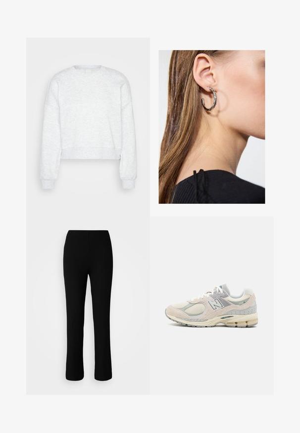 Lys grå, langærmet cropped sweatshirt med ribbede manchetter og høj rund halsudskæring, præsenteret på en ensfarvet lys baggrund.; Sorte ribbede strikkede bukser med en elastisk talje, der har en tætsiddende silhuet, lige ben og en subtil tekstur.; Lys grå og tan New Balance sneakers med ruskind og mesh materiale, polstret krave, tyk sål og reflekterende detaljer. Snørebåndsdesign.; Sølv hoop ørestik med en poleret overflade, prydet med små guld accenter og en rund form, båret på øreflippen.