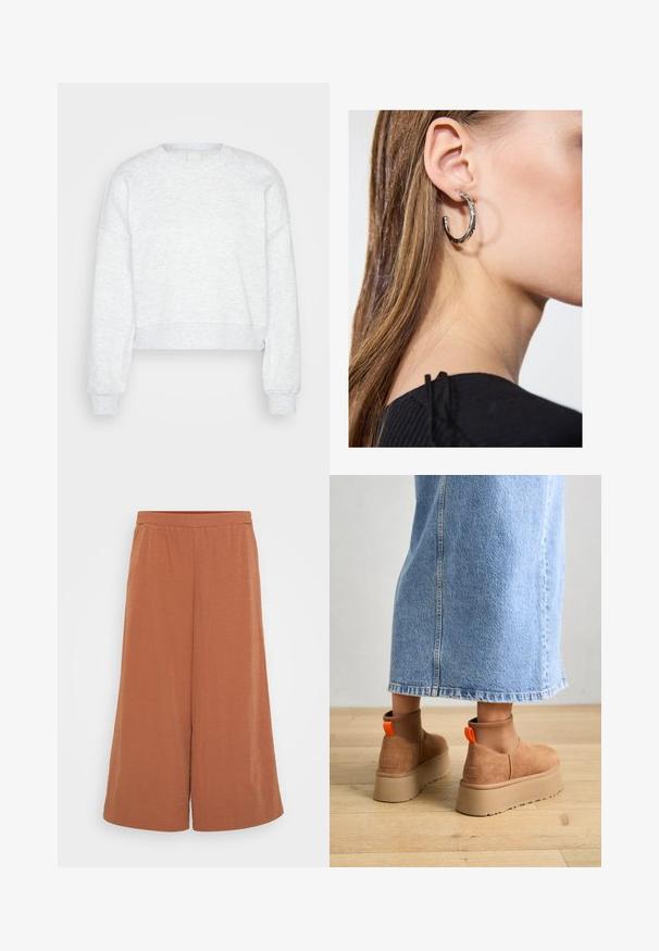 Svijetlosivi, dugosveđi skraćeni dukserica s rebrastim umetcima na rukavima i visokim okruglim izrezom, prikazan na jednostavnoj svijetloj pozadini.; Culotte hlače u boji hrđe izrađene od laganog, naboranog materijala. Imaju elastičnu struk i široke, lepršave nogavice. Glatka tekstura kroz cijeli komad.; Smeđe suede platform čizme s elastičnim bočnim panelima i narančastim vučnim trakama, uparenim s suknjom od svijetlog denima do koljena na drvenom podu.; Srebrna kružna naušnica s poliranim završetkom, koja ima male zlatne detalje i okrugli oblik, nošena na uhu.