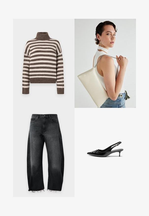 Sweter z golfem w paski w kolorze brązowym i kremowym, wykonany z miękkiego materiału. Posiada żebrowany dekolt i szerokie, opuszczone ramiona.; Czarne dżinsy o szerokim kroju, z postrzępionym dołem, pięcioma kieszeniami i delikatnym efektem blaknięcia; wykonane z wytrzymałego materiału bawełnianego.; Czarne skórzane szpilki na ramiączku z ostrym noskiem, małym słupkiem i ozdobnym węzłem z przodu. Gładka faktura na całej powierzchni.; Biała prostokątna kopertówka wykonana z błyszczącego materiału, z srebrnym łańcuszkiem. Modelka pozuje, prezentując torebkę na jednolitym tle.