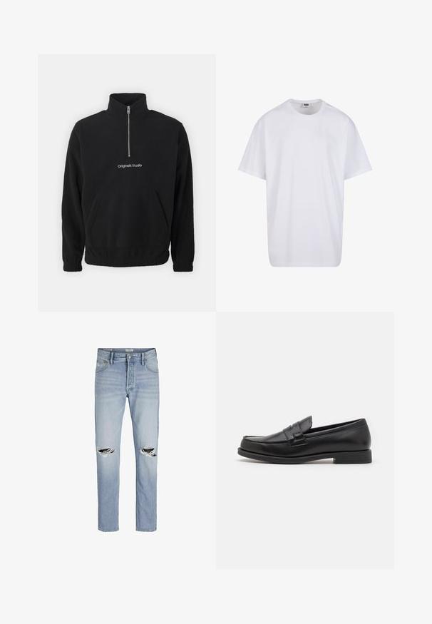 Must mustri pullover kõrge kaelusega ja poole tõmblukuga. Ees on kengurukott ja tikandiga "Originals Studio" logo.; Valge puuvillane t-särk lühikeste varrukatega, ümmarguse kaelusega, lõdva lõikega ja ilma nähtavate logodeta või mustriteta. Sile tekstuur ja minimaalne disain.; Heled sinised teksad otse lõikega, millel on kulunud rebitud kohad põlvedel ja klassikaline viie taskuga disain.; Mustad nahast loaferid, millel on elegantne disain, ümar varvas, tikandiga detailid ja madal plokkkonts. Sile tekstuur ja minimaalsed aksessuaarid.