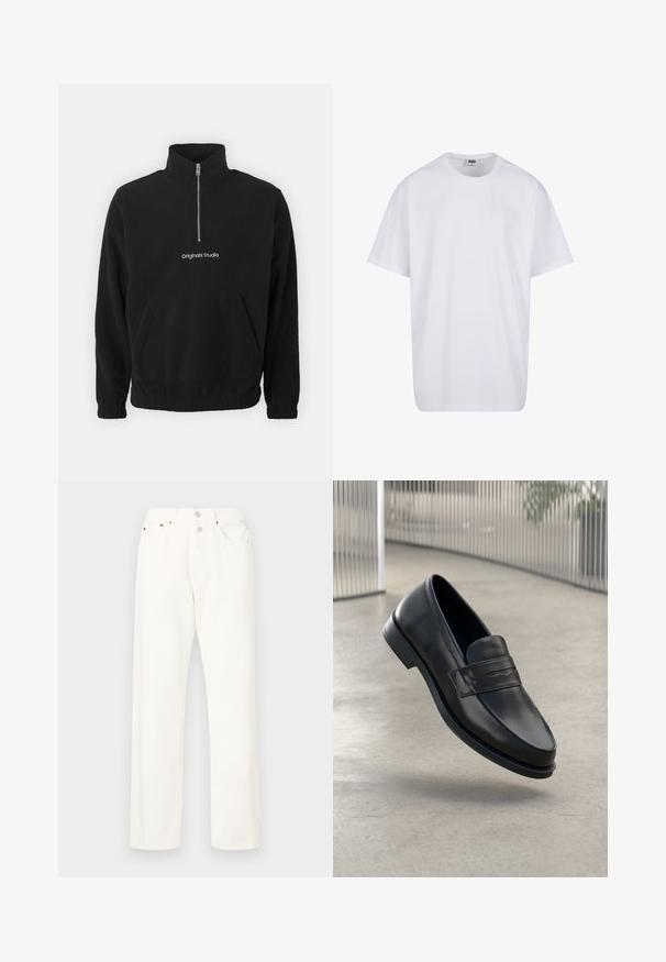 Czarny polarowy pulower z wysokim kołnierzem i półzamkiem z przodu. Posiada przednią kieszeń kangurkę oraz wyszywane logo "Originals Studio".; Biała bawełniana koszulka z krótkimi rękawami, okrągłym dekoltem, luźnym krojem i bez widocznych logo lub wzorów. Gładka tekstura i minimalistyczny design.; Białe bawełniane dżinsy proste z zapięciem na guziki. Posiadają dwie przednie kieszenie oraz subtelne pomarańczowe przeszycia. Gładka tekstura i klasyczny krój.; Czarna skórzana wsuwana półbut, o gładkiej fakturze, spiczastym nosku i ozdobnym paskiem na podbiciu. Lekka podeszwa, minimalistyczny design.