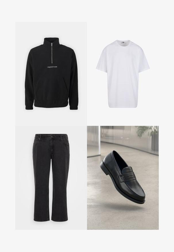 Juodas fliso megztinis su aukštu apykakle ir pusiau užtrauktuku priekyje. Yra priekinis kengūros tipo kišenė ir išsiuvinėtas "Originals Studio" logotipas.; Balta medvilninė marškinėlių užsagėlė su trumpomis rankovėmis, apvaliu kaklu, laisva forma ir be matomų logotipų ar raštų. Lygi tekstūra ir minimalus dizainas.; Juodos džinsinės plačios kojų kelnės su tiesiu siluetu, penkiais kišenėmis, priekinio mygtuko užsegimu ir kontrastingo siuvimo detalėmis.; Juodos spalvos odinės šlepetės su lygia tekstūra, smailiu priekiniu skyriumi ir dekoratyviu dirželiu per pėdos viršų. Lengvas padažas, minimalistinis dizainas.