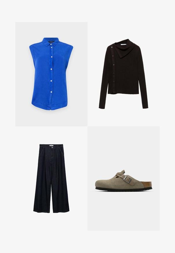 Rjav pleten pulover z zasnovo okroglega ovratnika, ki ima stransko zapenjanje z gumbi in dolge rokave. Tkanina se zdi mehka in teksturirana.; Modra brezrokavna srajca z gumbi iz bombaža, ki ima ovratnik, sprednji izrez in ukrivljen spodnji del. Gladka tekstura, sproščen kroj.; Temno jeans hlače širšega kroja z visokim pasom, ki imajo sprednje zapiranje na gumb, dve stranski žepu in detajle v šivanju.; Semišni klobuki v svetlo olivno zeleni barvi z oblikovanim plutovim in gumijastim podplatom. Vključuje stransko zanko z kovinsko zaponko in zaobljenim nosom.