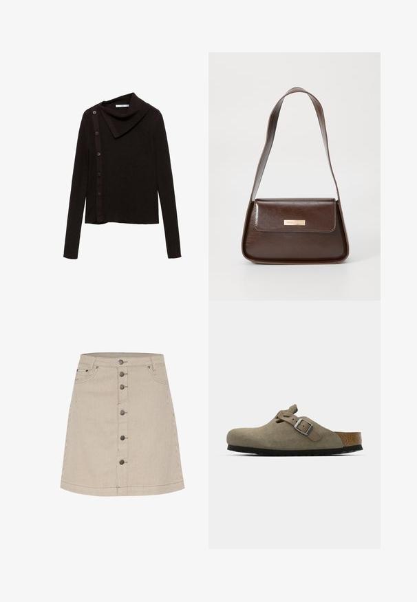 Brown knitted sweater with a cowl neck design, featuring a side button closure and long sleeves. Fabric appears soft and textured.; Beige striped denim skirt with a flared shape, featuring a front button closure, two side pockets, and subtle stitching details.; Suede clogs in light olive green with a molded cork and rubber sole. Features a side strap with a metal buckle and a rounded toe.; Brown leather shoulder bag with a structured shape, featuring a magnetic flap closure and a metallic logo accent on the front.