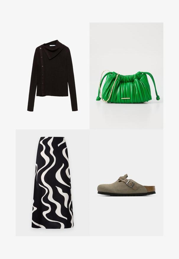 Hnědý pletený svetr s designem s rolákem, představující boční zapínání na knoflíky a dlouhé rukávy. Látka vypadá měkká a strukturální.; Černá sukně s bílými vlnitými vzory. Vyrobena z lehkého materiálu, má splývavý design a rovný střih. Ideální pro pohodlné nošení.; Semišové dřeváky ve světle olivové barvě s vytvarovanou korkovou a gumovou podrážkou. Obsahují boční pásek s kovovou sponou a zaoblenou špičku.; Zelená kožená kabelka s nařasenou texturou, zlatým řetízkovým detail, a stahovací šňůrkou. Obsahuje minimalistický zlatý kovový prvek.