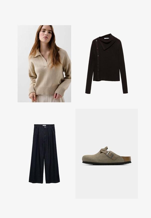 Brauner Strickpullover mit einem Kragen-Design, ausgestattet mit einem seitlichen Knopfverschluss und langen Ärmeln. Der Stoff wirkt weich und strukturiert.; Beige Strickpullover mit Kragen, gerippten Bündchen und Saum. Weiche Textur und lässige Passform. Das Model steht vor einem neutralen Hintergrund.; Dunkelblaue, weite High-Waist-Hosen aus Denim mit einem Knopfverschluss vorne, zwei Seitentaschen und Nähdetails.; Wildleder-Clogs in hellolivgrün mit einer geformten Kork- und Gummisohle. Verfügt über einen Seitenriemen mit einer metallischen Schnalle und einer abgerundeten Zehenpartie.