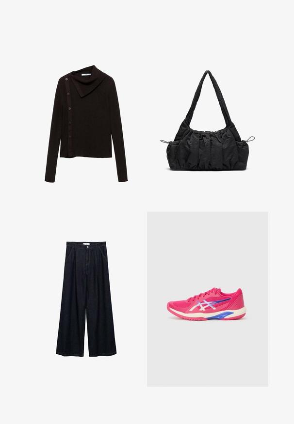 Rjav pleten pulover z zasnovo okroglega ovratnika, ki ima stransko zapenjanje z gumbi in dolge rokave. Tkanina se zdi mehka in teksturirana.; Temno jeans hlače širšega kroja z visokim pasom, ki imajo sprednje zapiranje na gumb, dve stranski žepu in detajle v šivanju.; Športni čevlji v svetlo roza barvi z odtenki svetlejše barve. Mrežasti zgornji del, teksturiran zaključek, oblazinjen ovratnik in barvna podplat z modrimi detajli.; Črna tkanina torbica z nabranim teksturo, dvema naramnicama in zategovanjem na straneh. Gladek, lahkoten material.