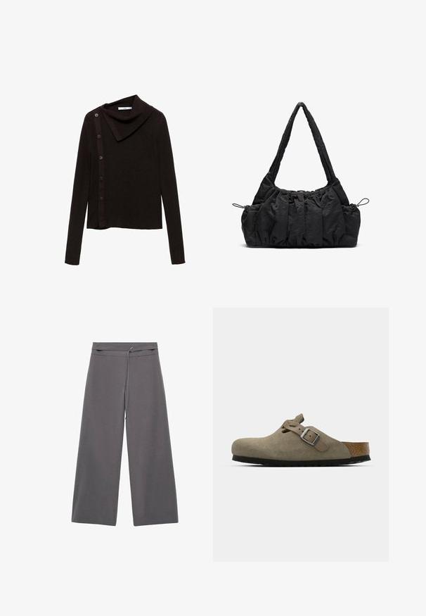 Smeđi pleteni pulover s dizajnom s kapuljačom, s bočnim zatvaranjem na dugme i dugim rukavima. Tkanina izgleda meko i teksturirano.; Široke hlače od tamnosivog materijala s glatkom teksturom, s remenom u struku i minimalističkim dizajnom.; Svetlosmeđe suede klompe s oblikovanim plitkim i gumenim đonom. Imaju bočnu traku s metalnom kopčom i zaobljenim prstima.; Crna torba od tkanine s naboranom teksturom, dva remena za nositi na ramenu i kaišem za zatvaranje sa strane. Glatki, lagani materijal.