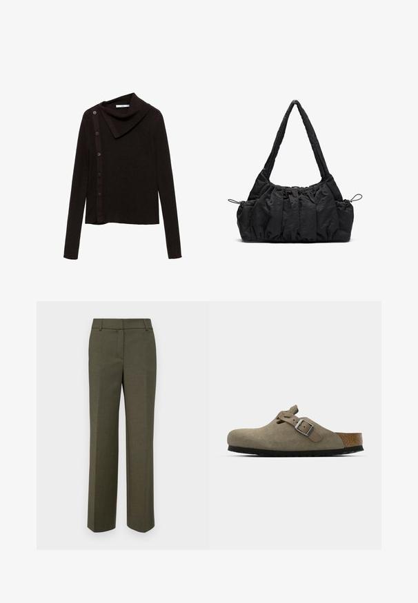 Bruin gebreid sweater met een colprofessioneel ontwerp, voorzien van een zijknopen sluiting en lange mouwen. De stof lijkt zacht en textuurwaardig.; Olijfgroene op maat gemaakte broeken van textiel met textuur. Heeft een rechte pijpdesign met een platte voorkant en geen zichtbare versieringen.; Suède klompen in licht olijfgroen met een gevormde kurk- en rubberen zool. Voorzien van een zijriem met een metalen gesp en een ronde neus.; Zwarte stoffen handtas met gerimpelde textuur, twee schouderbanden en een trekkoordsluiting aan de zijkanten. Glad, lichtgewicht materiaal.