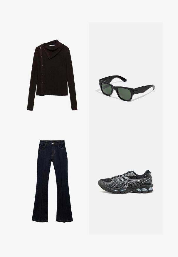 Pulover tricotat de culoare maro, cu un design cu guler tip cowl, având închidere laterală cu nasturi și mâneci lungi. Materialul pare moale și texturat.; Blugi de culoare albastru închis, evazați, cu cinci buzunare, detalii cusute, închidere cu buton frontal și o textură netedă de denim.; Pantofii sport negri cu superior din plasă, accente argintii și o talpă căptușită. Prezintă un design cu șireturi și o textuală pentru aderență.; Ochelari de soare rectangulari negri cu lentile verzi, finisaj mat, accente hardware subtile și logo embosat pe bradă.