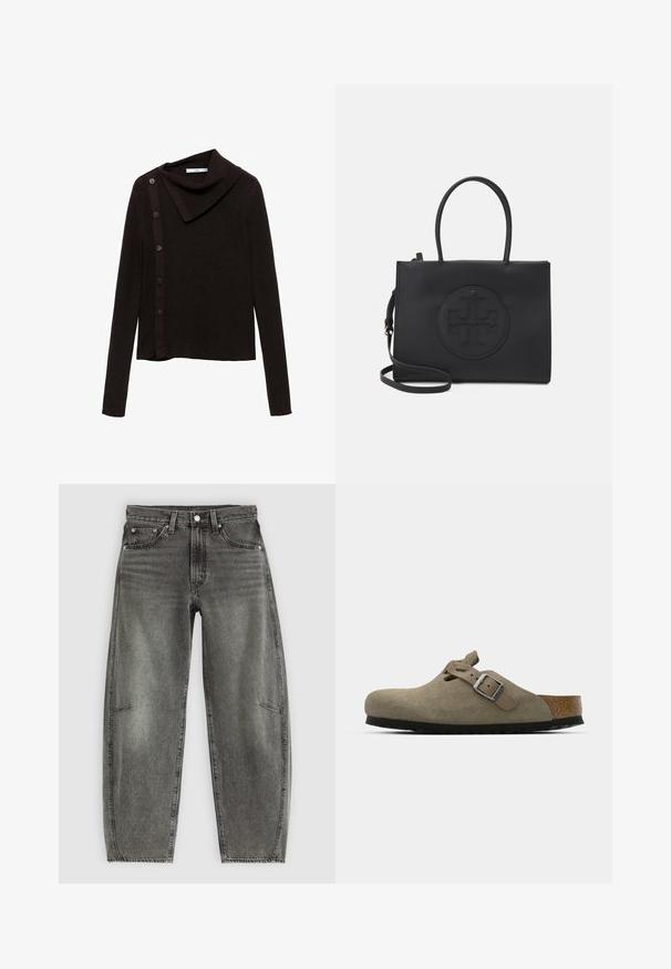 Brown knitted sweater with a cowl neck design, featuring a side button closure and long sleeves. Fabric appears soft and textured.; High-waist grey washed denim jeans with five pockets, button closure, and a relaxed straight-leg fit.; Suede clogs in light olive green with a molded cork and rubber sole. Features a side strap with a metal buckle and a rounded toe.; Black handbag made of smooth material with dual handles, a detachable shoulder strap, and a round embossed logo detail on the front.