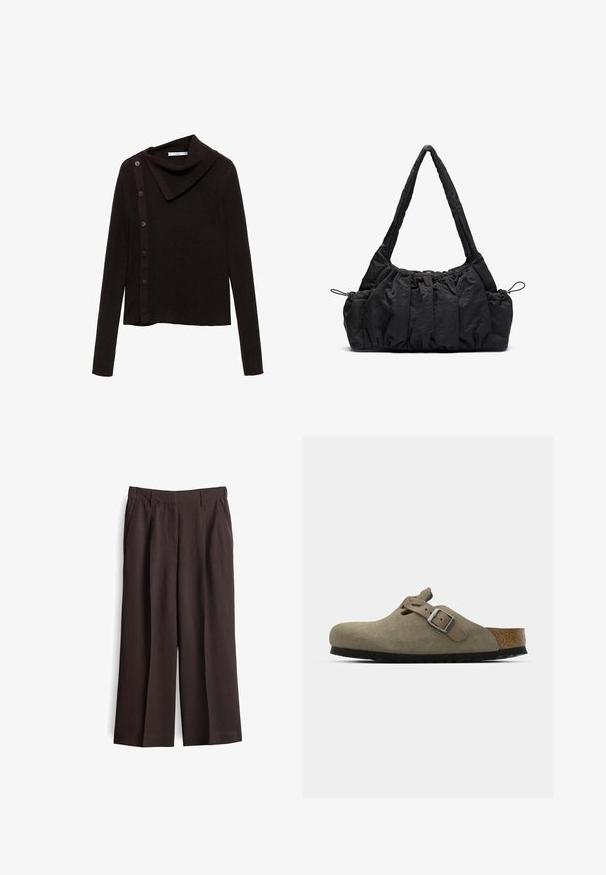 Bruin gebreid sweater met een colprofessioneel ontwerp, voorzien van een zijknopen sluiting en lange mouwen. De stof lijkt zacht en textuurwaardig.; Bruine linnen broek met wijde pijpen, voorplooien, zijzakken, riemlussen en een gladde textuur, hangend tegen een witte achtergrond.; Suède klompen in licht olijfgroen met een gevormde kurk- en rubberen zool. Voorzien van een zijriem met een metalen gesp en een ronde neus.; Zwarte stoffen handtas met gerimpelde textuur, twee schouderbanden en een trekkoordsluiting aan de zijkanten. Glad, lichtgewicht materiaal.