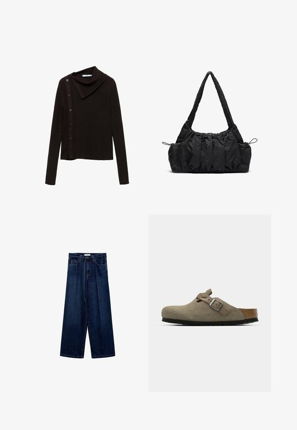 Rjav pleten pulover z zasnovo okroglega ovratnika, ki ima stransko zapenjanje z gumbi in dolge rokave. Tkanina se zdi mehka in teksturirana.; Široke temno modre denim hlače z visokim pasom, vidnimi žepi in zadrgo. Tkanina ima gladko teksturo in rahlo sijaj.; Semišni klobuki v svetlo olivno zeleni barvi z oblikovanim plutovim in gumijastim podplatom. Vključuje stransko zanko z kovinsko zaponko in zaobljenim nosom.; Črna tkanina torbica z nabranim teksturo, dvema naramnicama in zategovanjem na straneh. Gladek, lahkoten material.