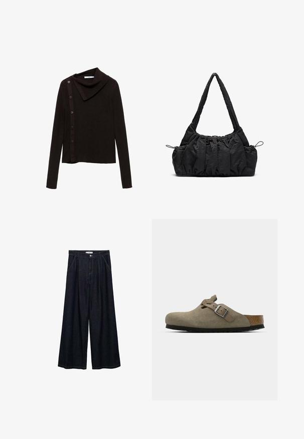 Brązowy sweter dzianinowy z dekoltem w kształcie komina, z bocznym zapięciem na guziki i długimi rękawami. Tkanina wydaje się miękka i teksturowana.; Ciemnoniebieskie spodnie o szerokich nogawkach z wysokim stanem, z zamknięciem na guzik z przodu, dwoma bocznymi kieszeniami oraz detalami w szwach.; Zamszowe klapki w jasnym oliwkowym kolorze z formowaną korkową i gumową podeszwą. Posiadają boczny pasek z metalowym sprzączką oraz zaokrąglony czubek.; Czarna torebka z tkaniny z marszczoną fakturą, z dwoma ramiączkami i sznurkiem do ściągania po bokach. Gładki, lekki materiał.