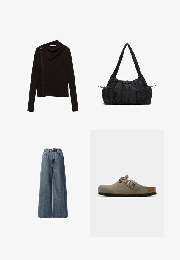 Smeđi pleteni pulover s dizajnom s kapuljačom, s bočnim zatvaranjem na dugme i dugim rukavima. Tkanina izgleda meko i teksturirano.; Široke traperice visokog struka u tamnoplavoj denim tkanini. Sadrže klasične prednje džepove, petlje za remen i zatvaranje na patentni zatvarač s metalnim gumbom.; Svetlosmeđe suede klompe s oblikovanim plitkim i gumenim đonom. Imaju bočnu traku s metalnom kopčom i zaobljenim prstima.; Crna torba od tkanine s naboranom teksturom, dva remena za nositi na ramenu i kaišem za zatvaranje sa strane. Glatki, lagani materijal.