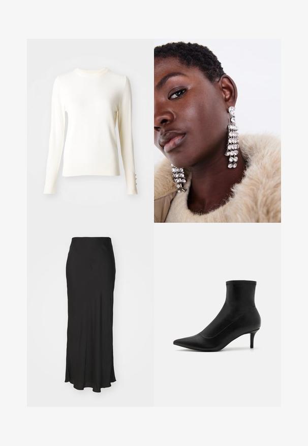 Bela dolga pletena majica z rokavi, okroglo izrezana, z rebrastimi manšetami, ki vsebujejo tri zlate gumbe, in mehko teksturo.; Črna maksi krila iz gladkega materiala, s prilegajočim pasom in rahlo širjenjem na robu ter stranskimi razpoki za večjo svobodo gibanja.; Črne gležnjarje iz gladkega usnja s koničastim nosom in kratko, tanko peto. Imajo brezšiven dizajn in subtilne šive.; Srebrne uhane z obeski, okrašeni z večimi prozornimi kamni, z obliko, ki pada dol in teksturirano površino, postavljeni na nevtralno ozadje.