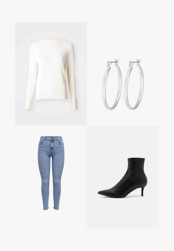 Balts garās piedurknes adīts džemperis ar apaļu kakla izgriezumu, ribotām piedurknēm ar trim zeltītām pogām un mīkstu tekstūru.; Šauri džinsi gaismas zilā denima ar augstu jostasvietu, piecu kabatu dizainu, priekšējo pogu aizdari un viegli izbalējušiem akcentiem.; Melnas potītes zābaki, kas izgatavoti no gludas ādas ar norādītu pirkstu un īsu, plānu papēdi. Iezīmējas bez šuvju dizains un smalkas šuvju akcenti.; Sudraba riņķveida auss gredzeni ar gludu, pulētu apdari. Apaļa forma un drošs klikšķa augšējais slēgums. Viegls dizains, kas piemērots ikdienas valkāšanai.