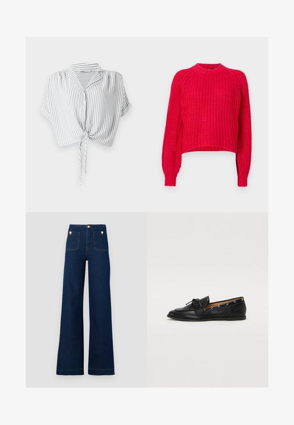 Red knitted sweater features a classic crew neckline, long raglan sleeves, ribbed cuffs, and a textured weave throughout.; Gray and white striped cropped shirt with a tie front, button closure, short sleeves, and a collar, made from lightweight fabric.; Dark blue wide-leg jeans with high waist, gold button accents, two front and back pockets, and contrasting stitch details. Textured denim fabric.; Black leather loafers with a tied bow, featuring gold eyelet accents along the sides and a flat rubber sole. Smooth texture, classic design.