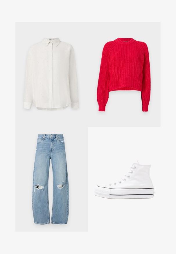 Červený pletený sveter má klasický okrúhly výstrih, dlhé raglánové rukávy, rebrované manžety a textúrovanú väzbu po celom povrchu.; Biela košeľa na gombíky z hladkej tkaniny, so jemnými bodkovanými vzormi a klasickým golierom. Dlhé rukávy s gombíkovými manžetami.; Svetlomodré, vysoké džínsy vyrobené z denimu. Majú široké nohavice, dve roztrhnuté kolená a klasický päťvreckový strih.; Biele vysoké plátené tenisky s čiernou gumovou podošvou, prednou gumovou špičkou a šiestimi okami na šnúrky, s čistým, minimalistickým dizajnom.